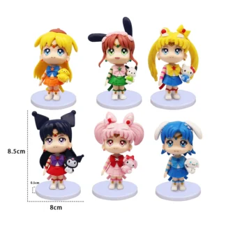 6 Pcs/Set Sailor Moon Chibiusa Anime 8-9cm Figure Pretty Soldier Girl Hold Kawaii Hello Kitty My Melody Kuromi Model Doll Toys 1